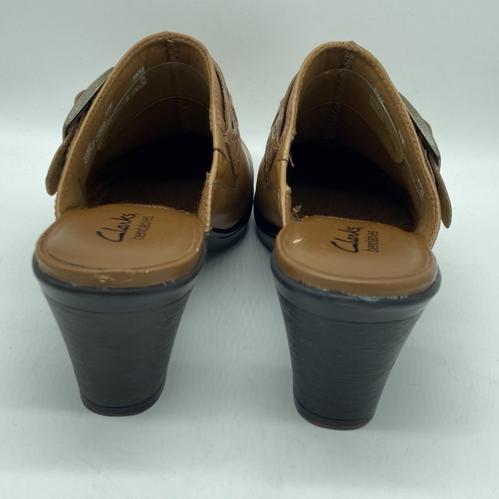 Clarks Bendables Clogs Shoes Women 7.5 Mule Brown Leather Slip On Casual Heels - Picture 8 of 16